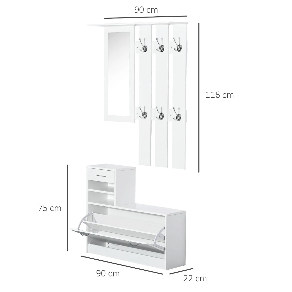 2-Piece Shoes Storage Chest Cloths Rack Unit Entryway Furniture Set Shoe Wardrobe W/Mirror Multiple Shelves-White