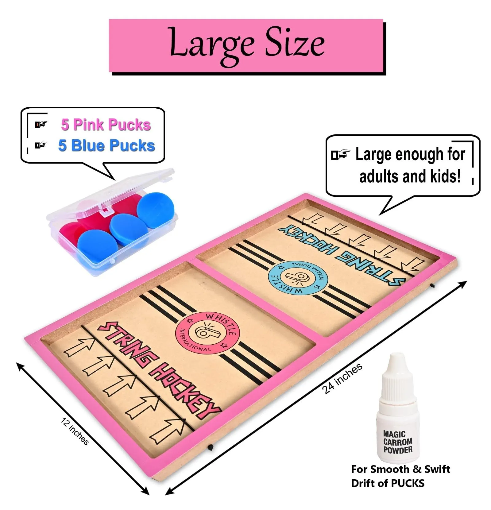 24” Professional Large Size Fast | Faster | Fastest Finger First String Hockey Sling Puck Indoor Board Games & Toys for Kids Children Adults & Family. (Pink)