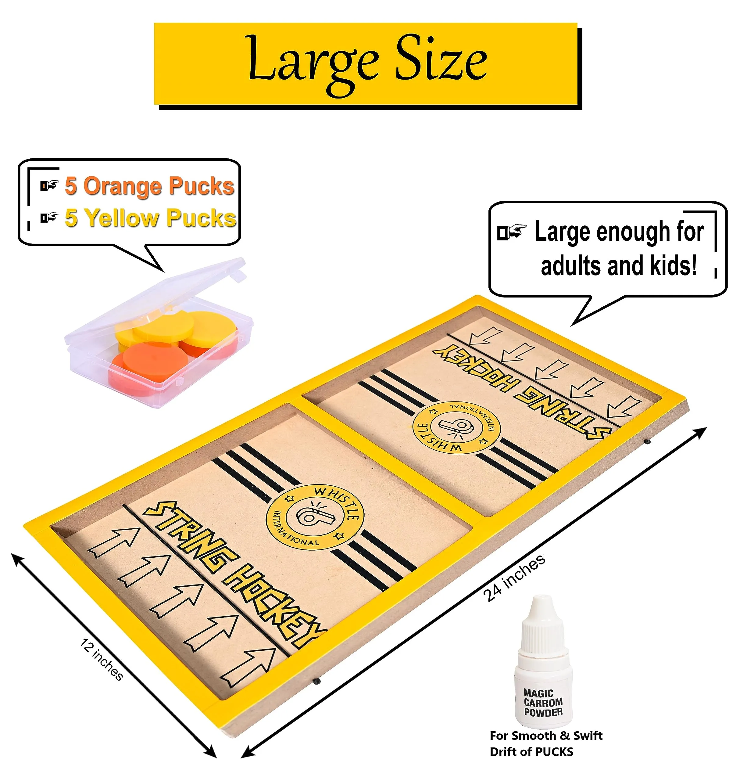 24” Professional Large Size Whistle International Fast | Faster | Fastest Finger First String Hockey Sling Puck Indoor Board Games & Toys for Kids Children Adults & Family. (Yellow)