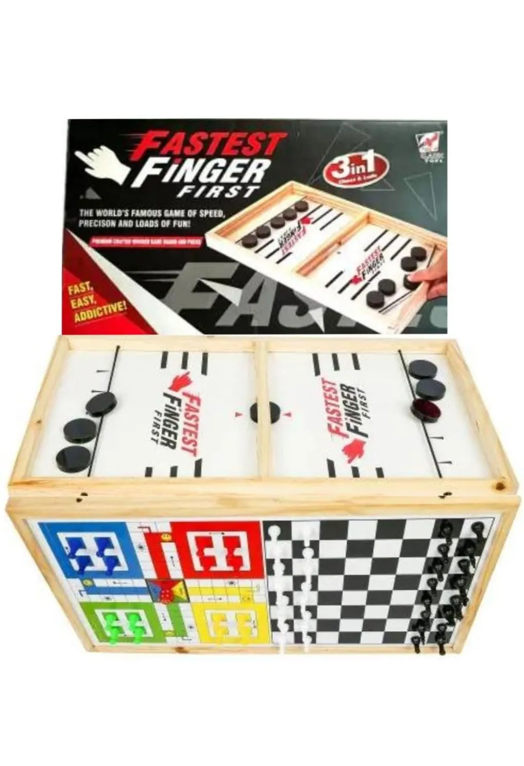 3 in One Fastest Finger First Board Games for Adults & Kids Wooden String Hockey with Chess and Ludo Fast Sling Puck I Wooden Game Board