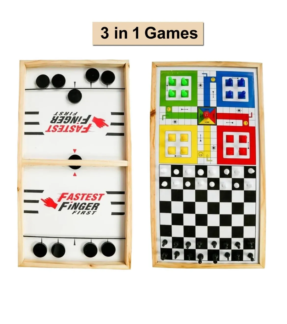 3 in One Fastest Finger First Board Games for Adults & Kids Wooden String Hockey with Chess and Ludo Fast Sling Puck I Wooden Game Board