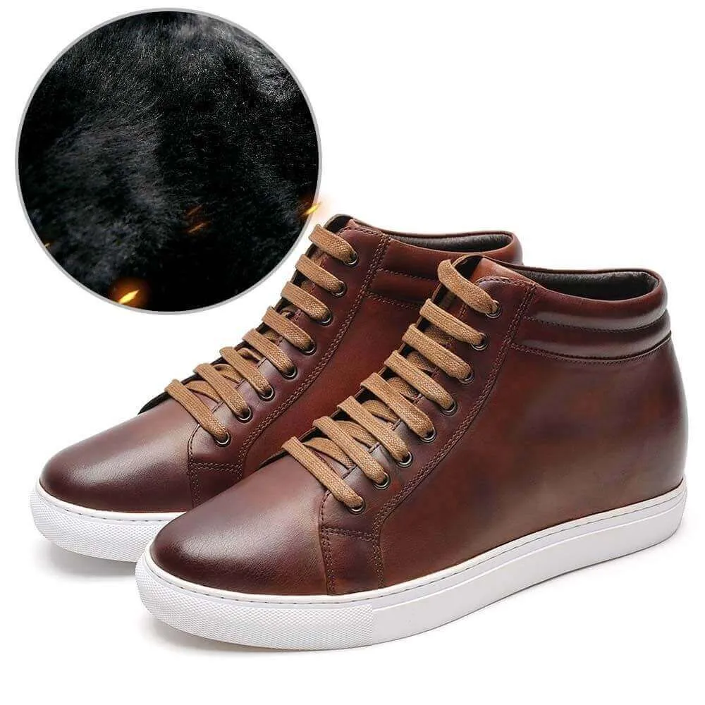 7CM / 2.76 Inches - CMR CHAMARIPA Elevator Sneakers Brown Leather High Top Sneaker Fur Lined Winter Shoes