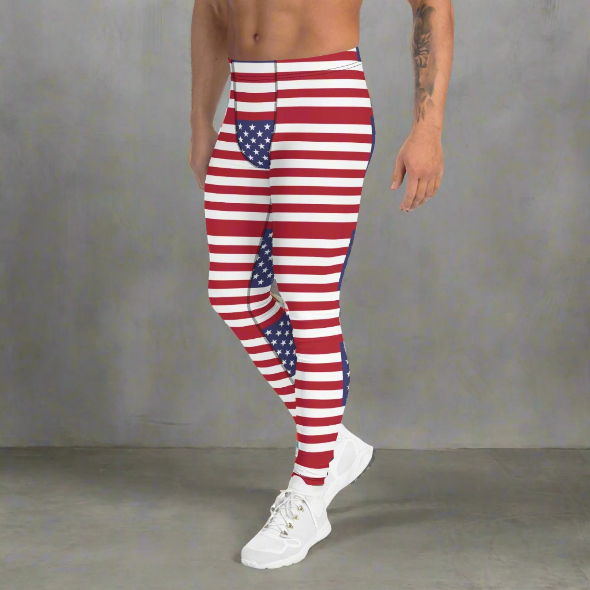 American Flag Meggings, Patriotic July 4th Holiday Men's Leggings Tights Pants - Made in USA/EU/MX (US Size: XS-3XL)