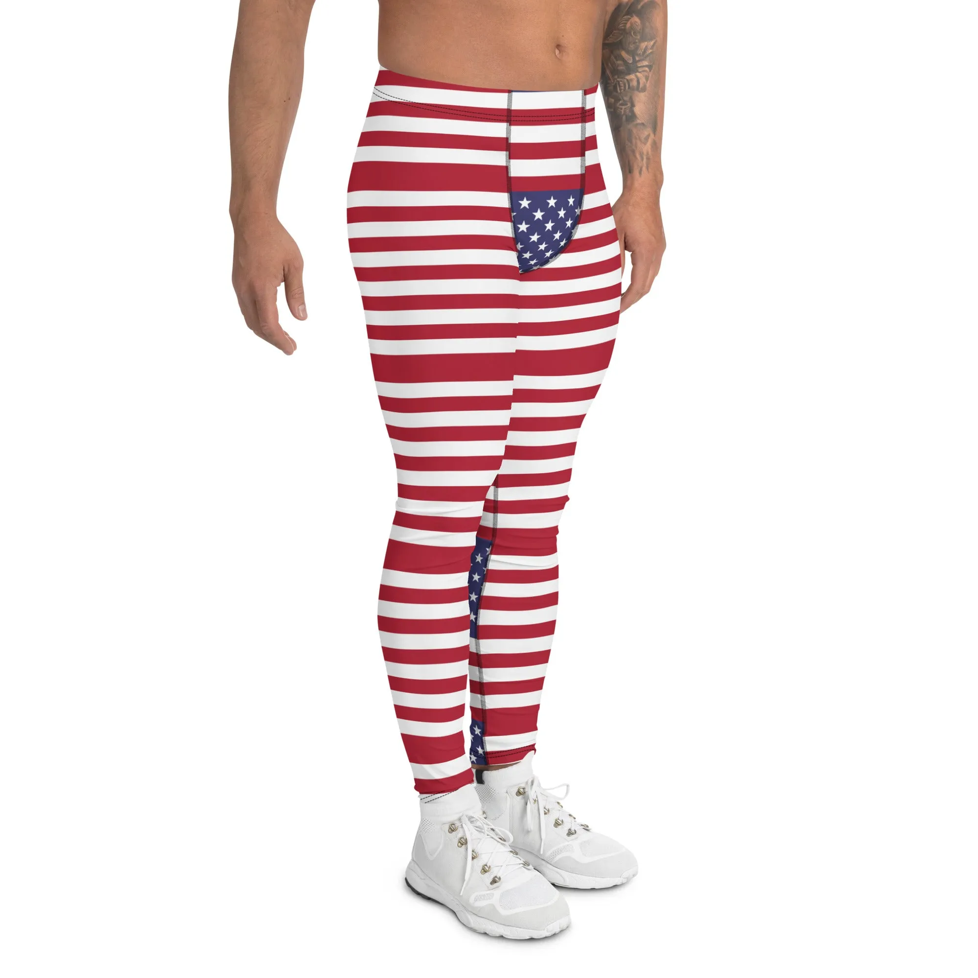 American Flag Meggings, Patriotic July 4th Holiday Men's Leggings Tights Pants - Made in USA/EU/MX (US Size: XS-3XL)