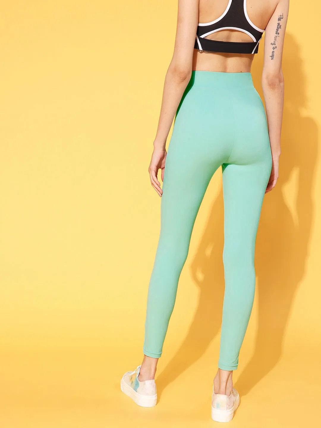 Berrylush Women Solid Mint Green Super Stretchy & High Waisted Sports Tights