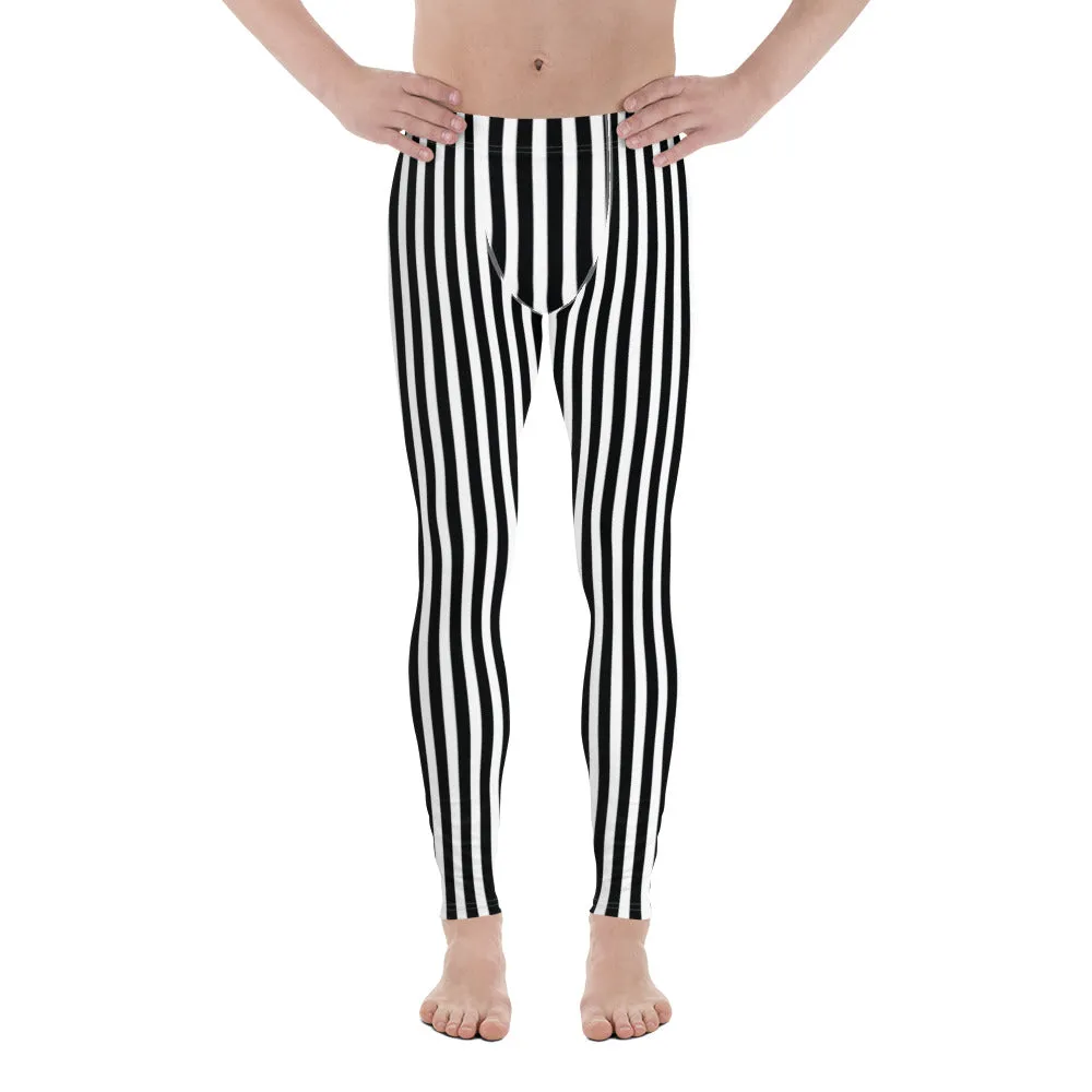 Best Striped Men's Leggings, Black White Athletic Running Elastic Tights For Men-Made in USA/EU