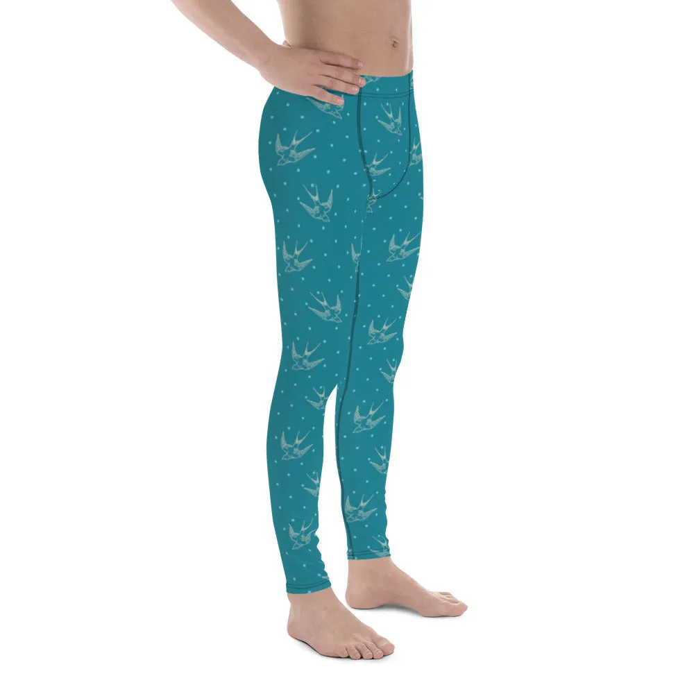 Bird Meggings, Flying Turquoise Blue Bird Men's Christmas Running Leggings Run Tights