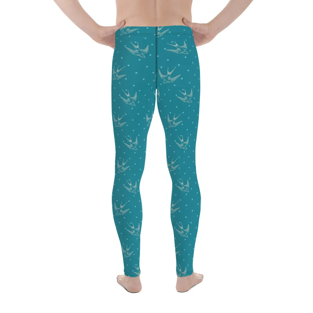 Bird Meggings, Flying Turquoise Blue Bird Men's Christmas Running Leggings Run Tights