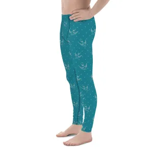 Bird Meggings, Flying Turquoise Blue Bird Men's Christmas Running Leggings Run Tights