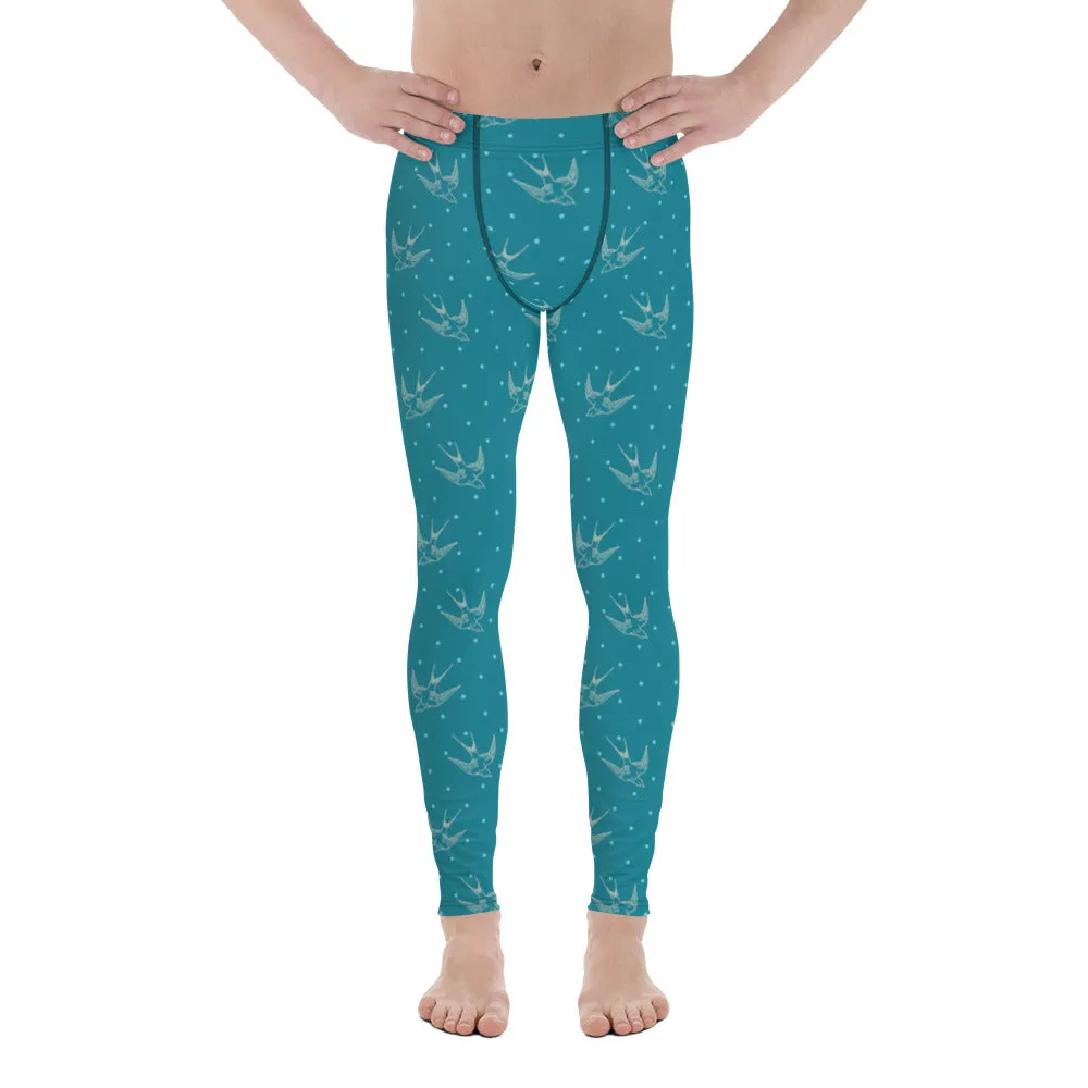 Bird Meggings, Flying Turquoise Blue Bird Men's Christmas Running Leggings Run Tights