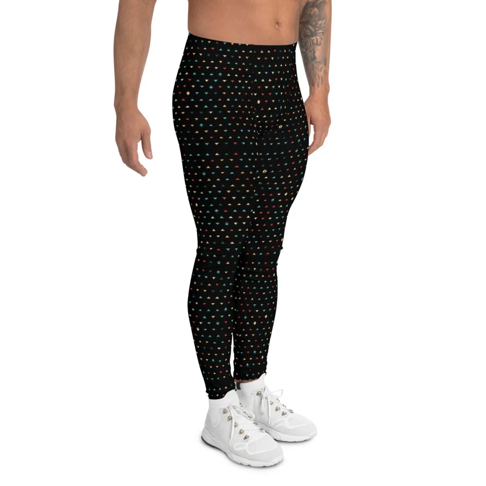 Black Geometric Triangles Men's Leggings, Stylish Patterned Meggings For Men-Made in USA