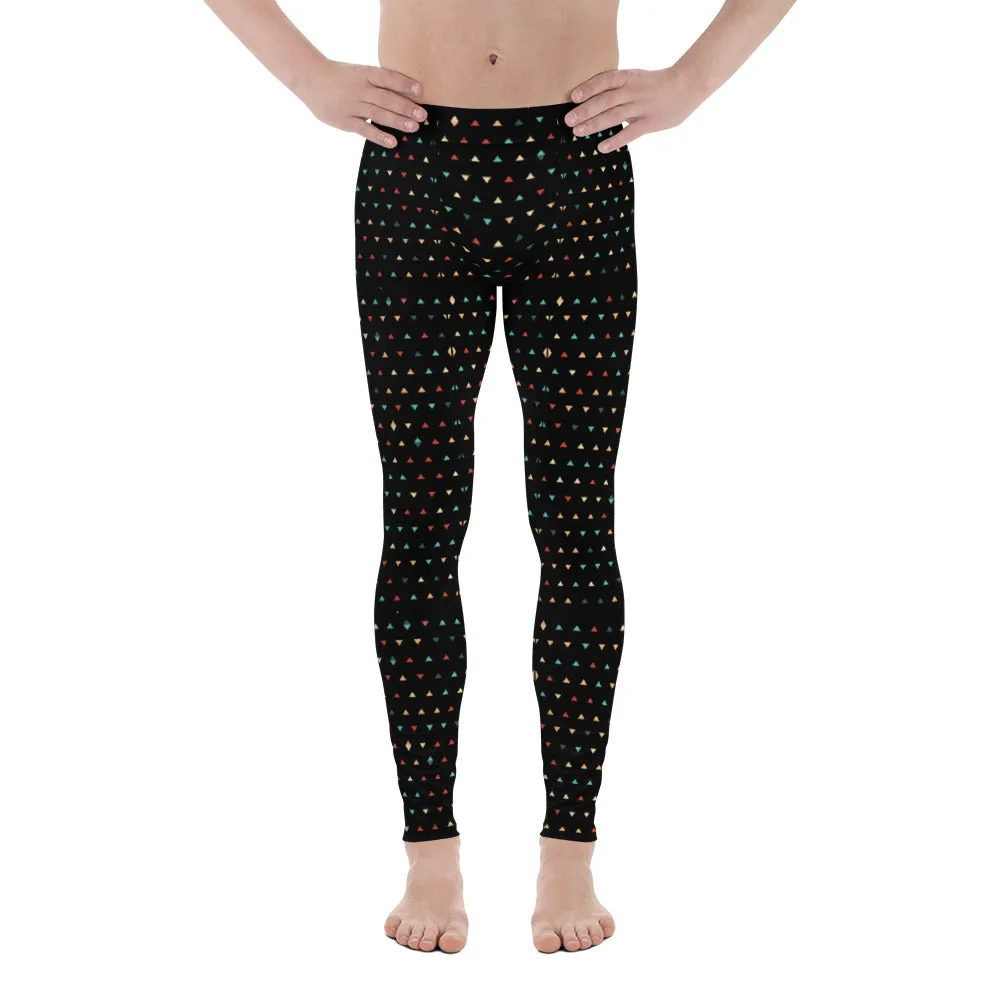 Black Geometry Pattern Men's Leggings, Designer Stylish Meggings Running Compression Tights