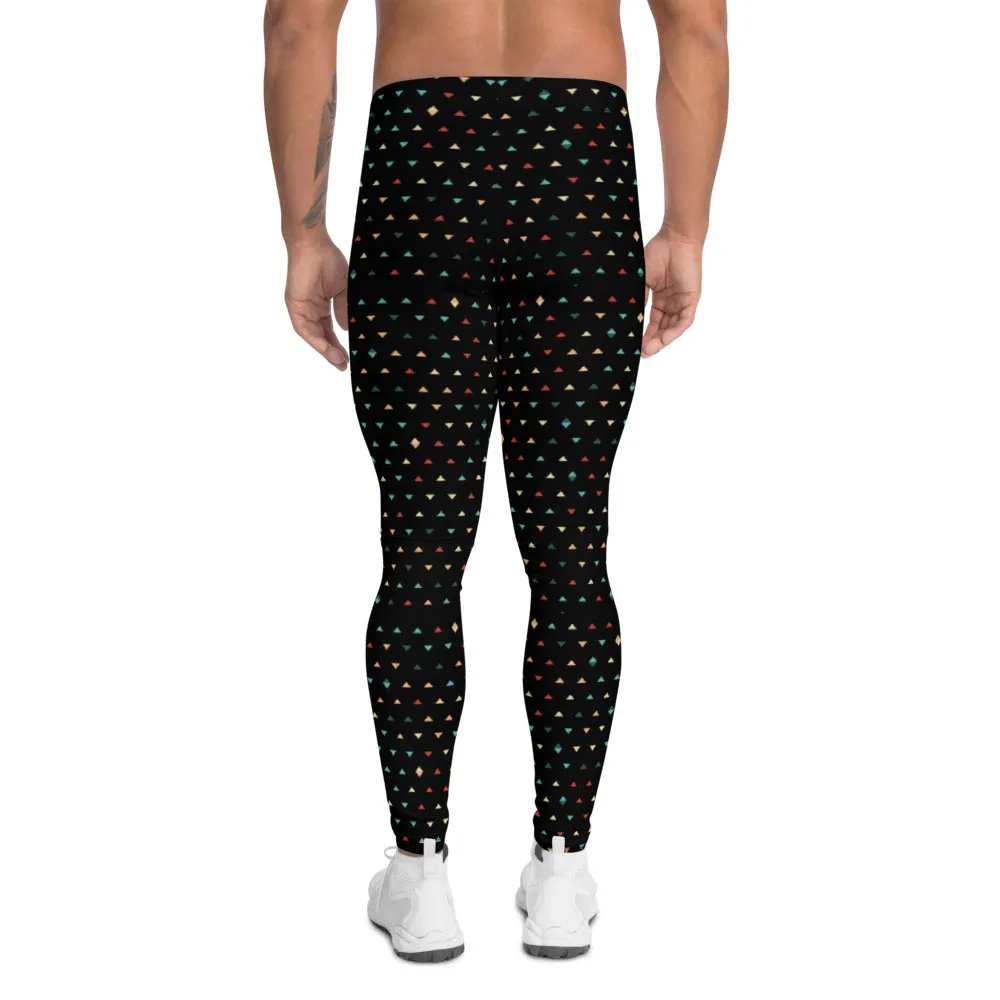 Black Geometry Pattern Men's Leggings, Designer Stylish Meggings Running Compression Tights