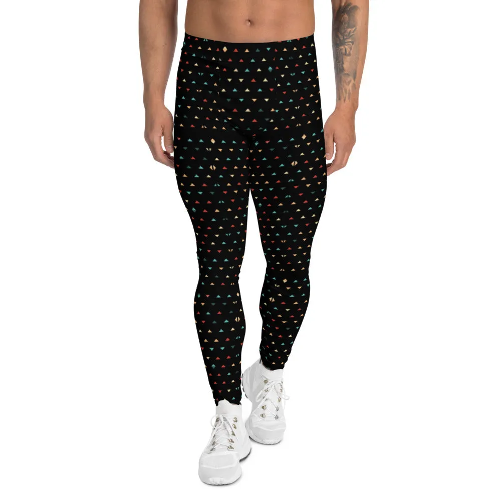 Black Geometry Pattern Men's Leggings, Designer Stylish Meggings Running Compression Tights