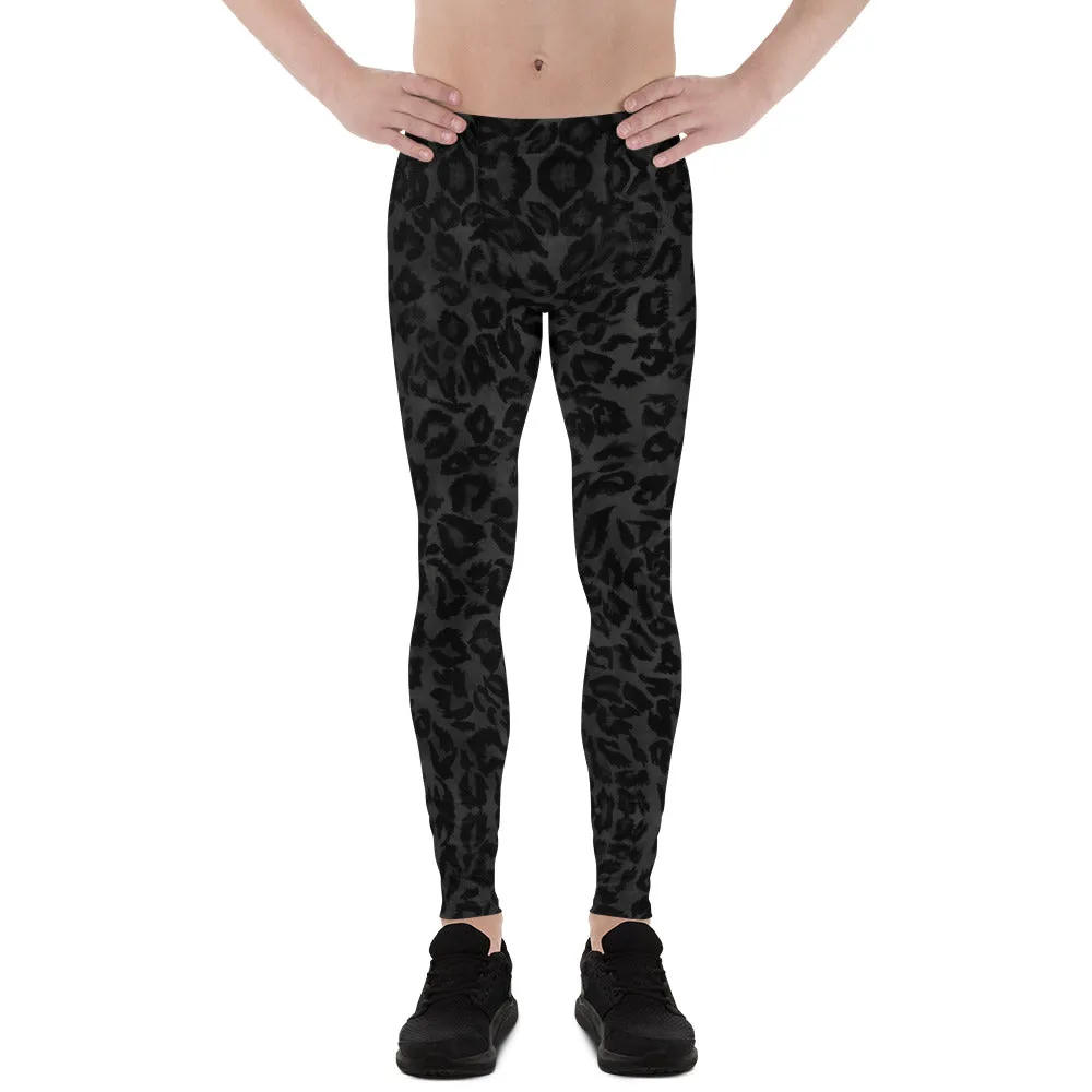 Black Leopard Print Men's Leggings, Animal Print Leopard Sexy Meggings-Made in USA/EU