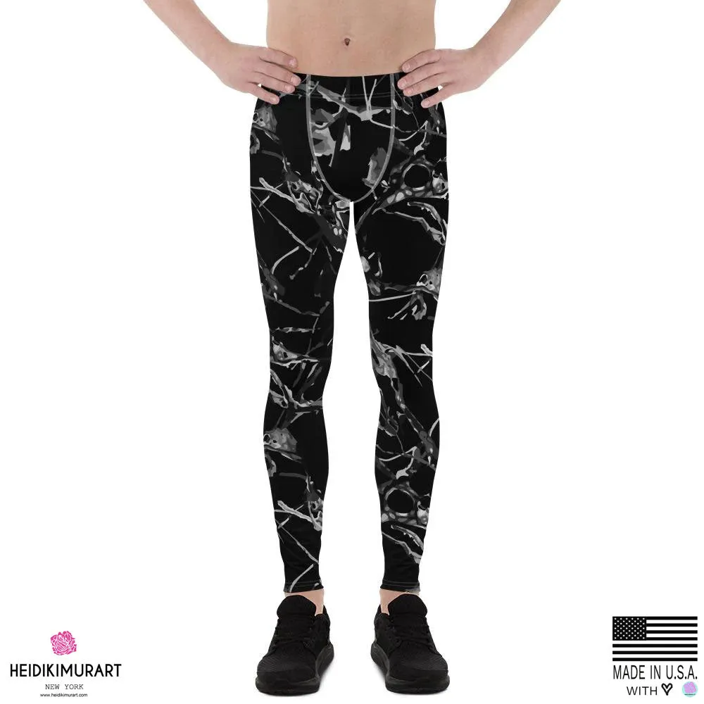 Black Marble Print Meggings, Men's Leggings Compression Tight Pants - Made in USA/ MX/ EU