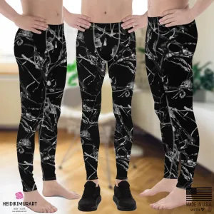 Black Marble Print Meggings, Men's Leggings Compression Tight Pants - Made in USA/ MX/ EU