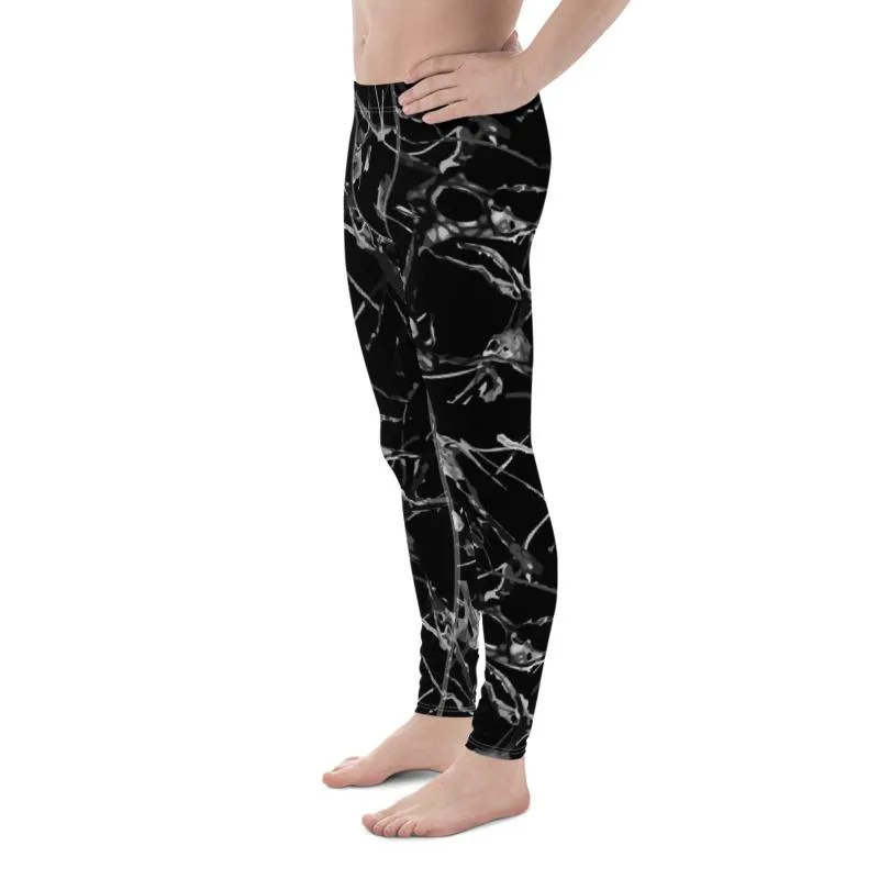 Black Marble Print Meggings, Men's Leggings Compression Tight Pants - Made in USA/ MX/ EU