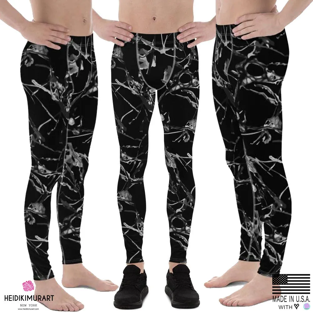 Black Marble Print Meggings, Men's Leggings Compression Tight Pants - Made in USA/ MX/ EU