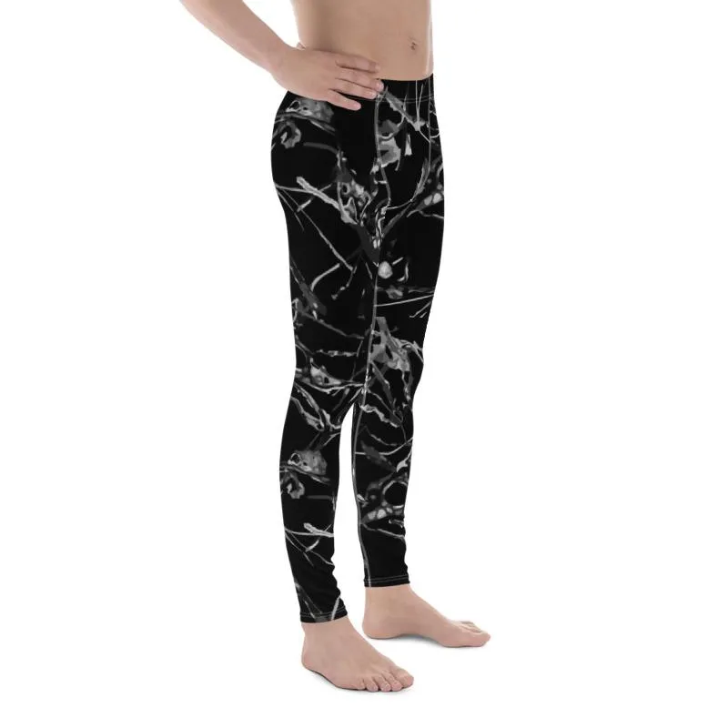 Black Marble Print Meggings, Men's Leggings Compression Tight Pants - Made in USA/ MX/ EU