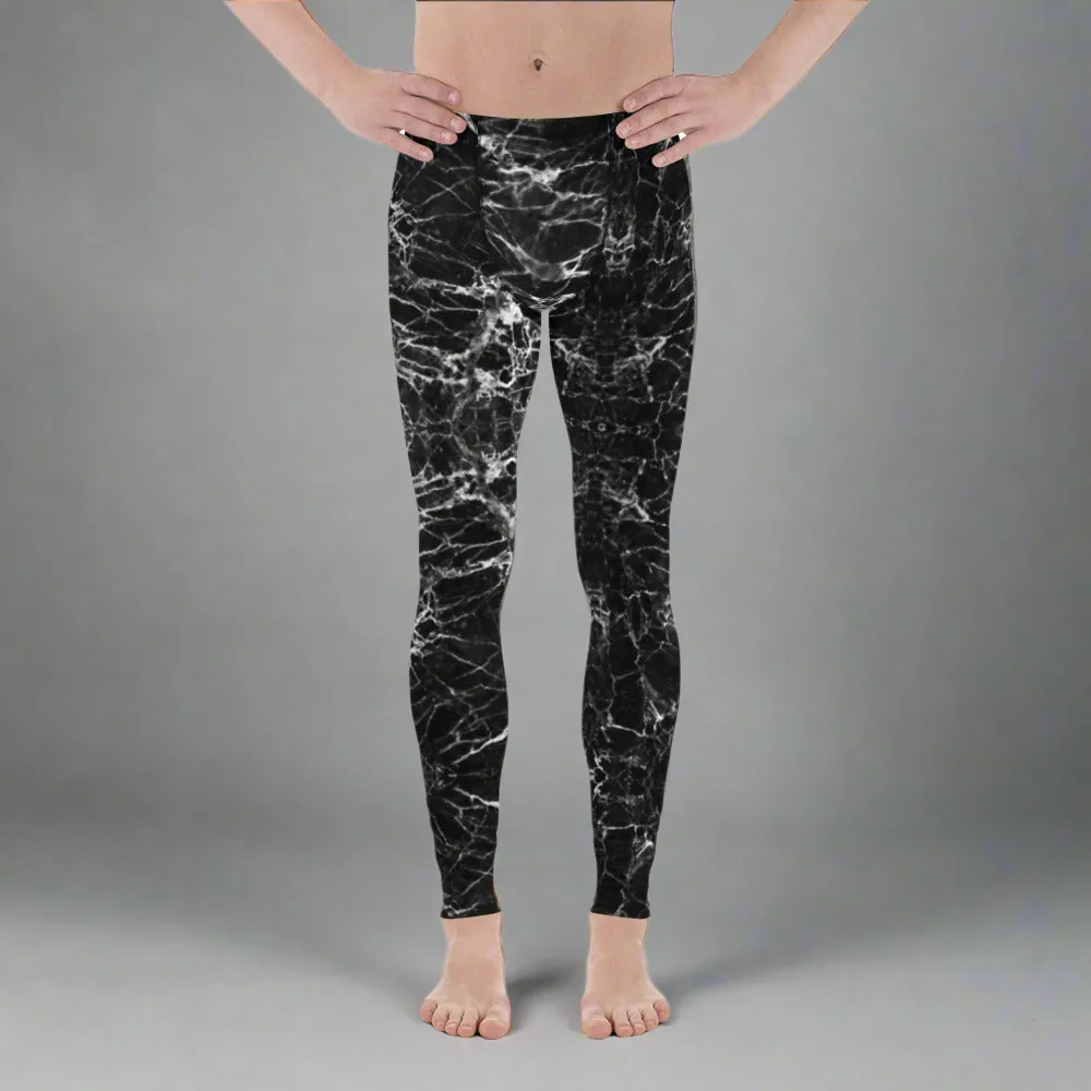 Black Marble Print Men's Leggings, Black White Marble Pattern Printed Meggings - Made in USA/EU