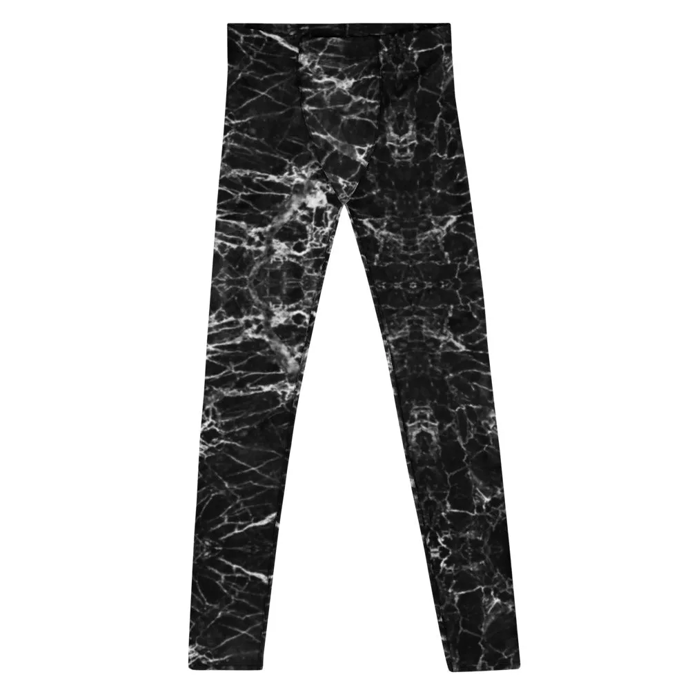 Black Marble Print Men's Leggings, Black White Marble Pattern Printed Meggings - Made in USA/EU