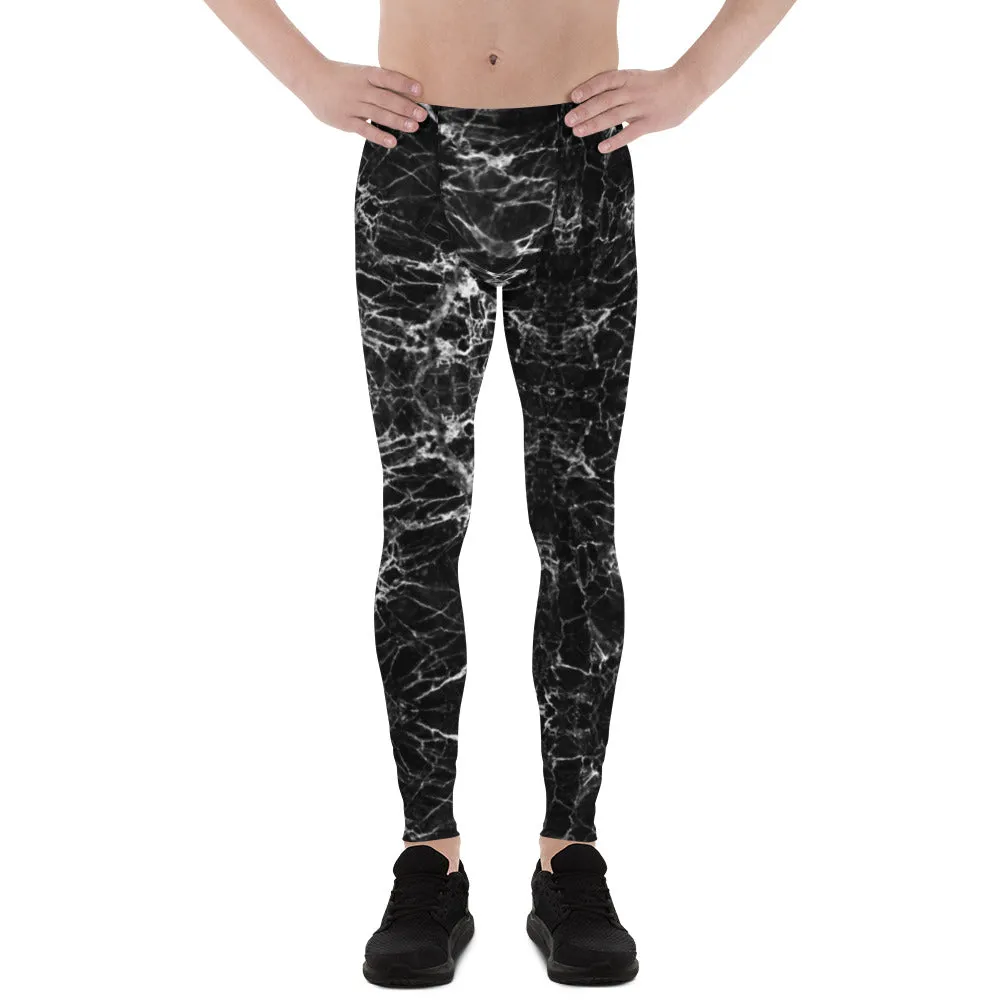 Black Marble Print Men's Leggings, Black White Marble Pattern Printed Meggings - Made in USA/EU