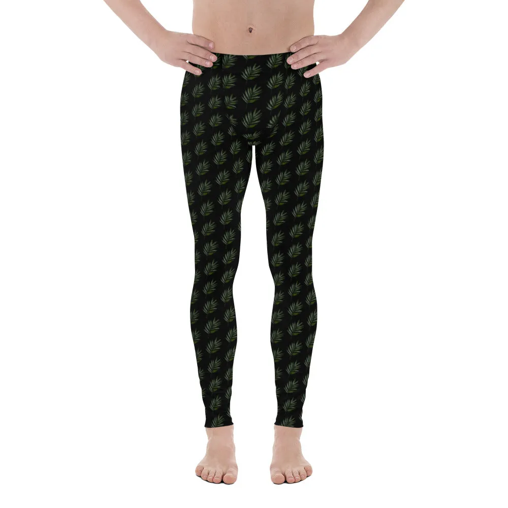 Black Palm Leaf Meggings, Best Men's Leggings Compression Tights For Men - Made in USA/EU/MX