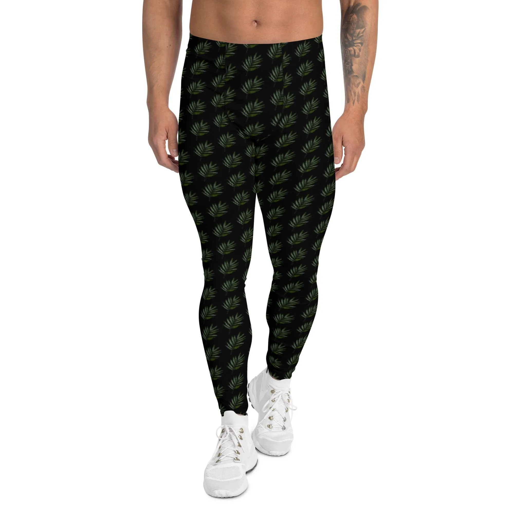 Black Palm Leaf Meggings, Best Men's Leggings Compression Tights For Men - Made in USA/EU/MX