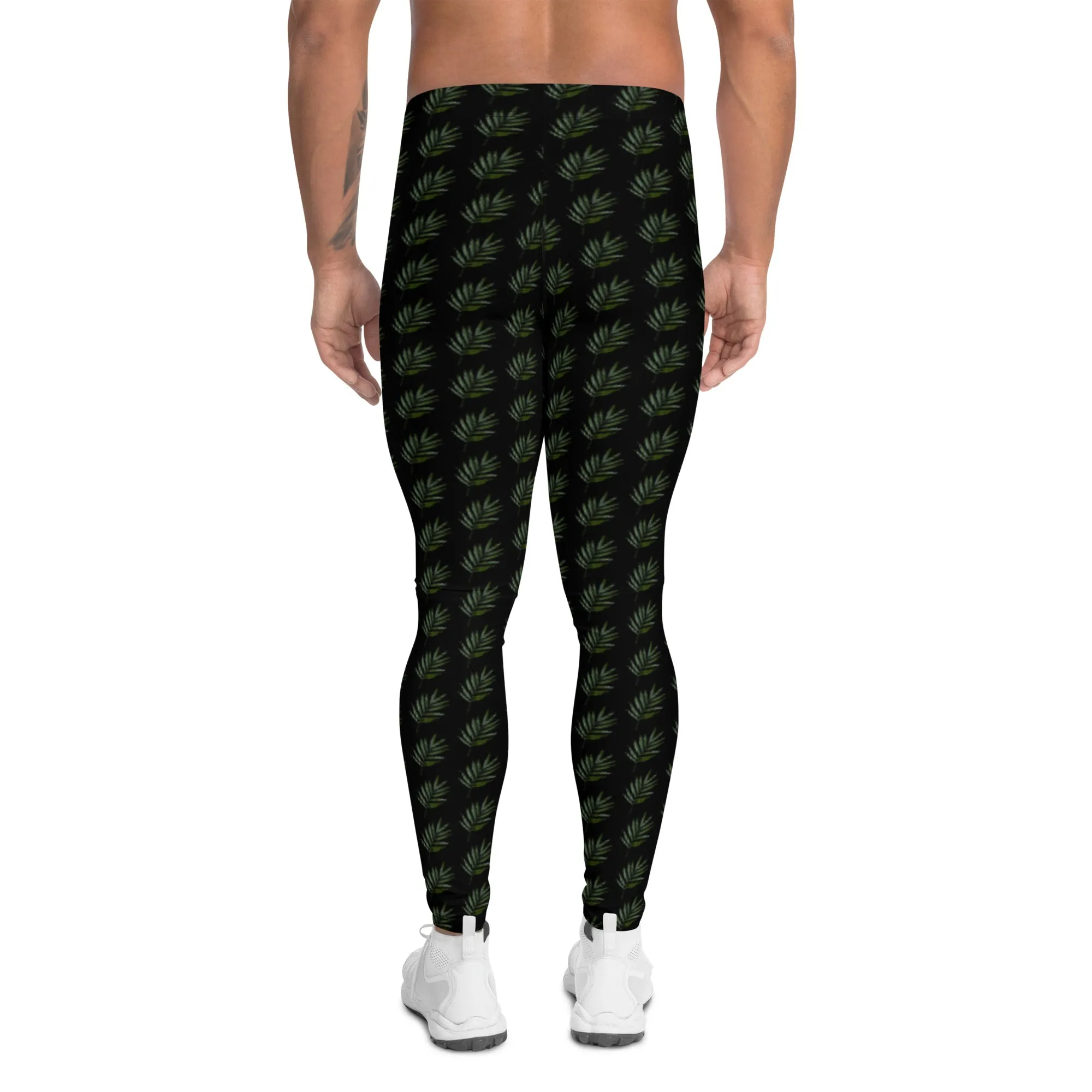 Black Palm Leaf Meggings, Best Men's Leggings Compression Tights For Men - Made in USA/EU/MX