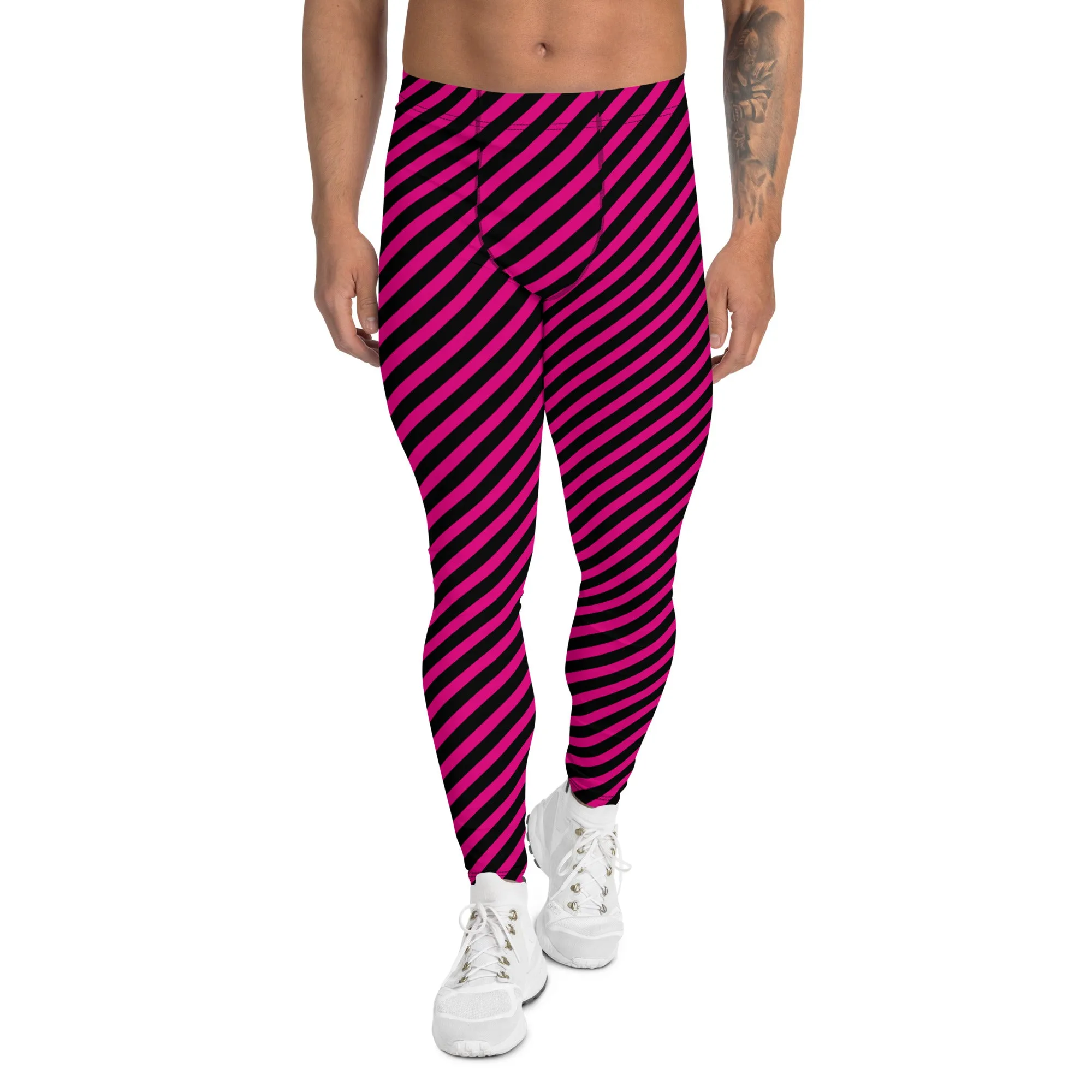 Black Pink Diagonal Striped Meggings, Colorful Best Compression Tights For Men - Made in USA/EU/MX