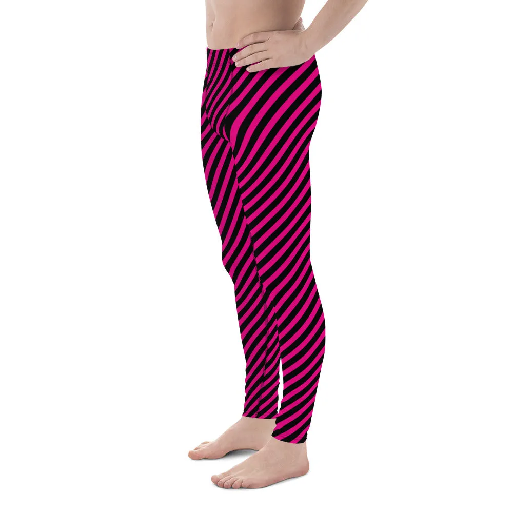 Black Pink Diagonal Striped Meggings, Colorful Best Compression Tights For Men - Made in USA/EU/MX