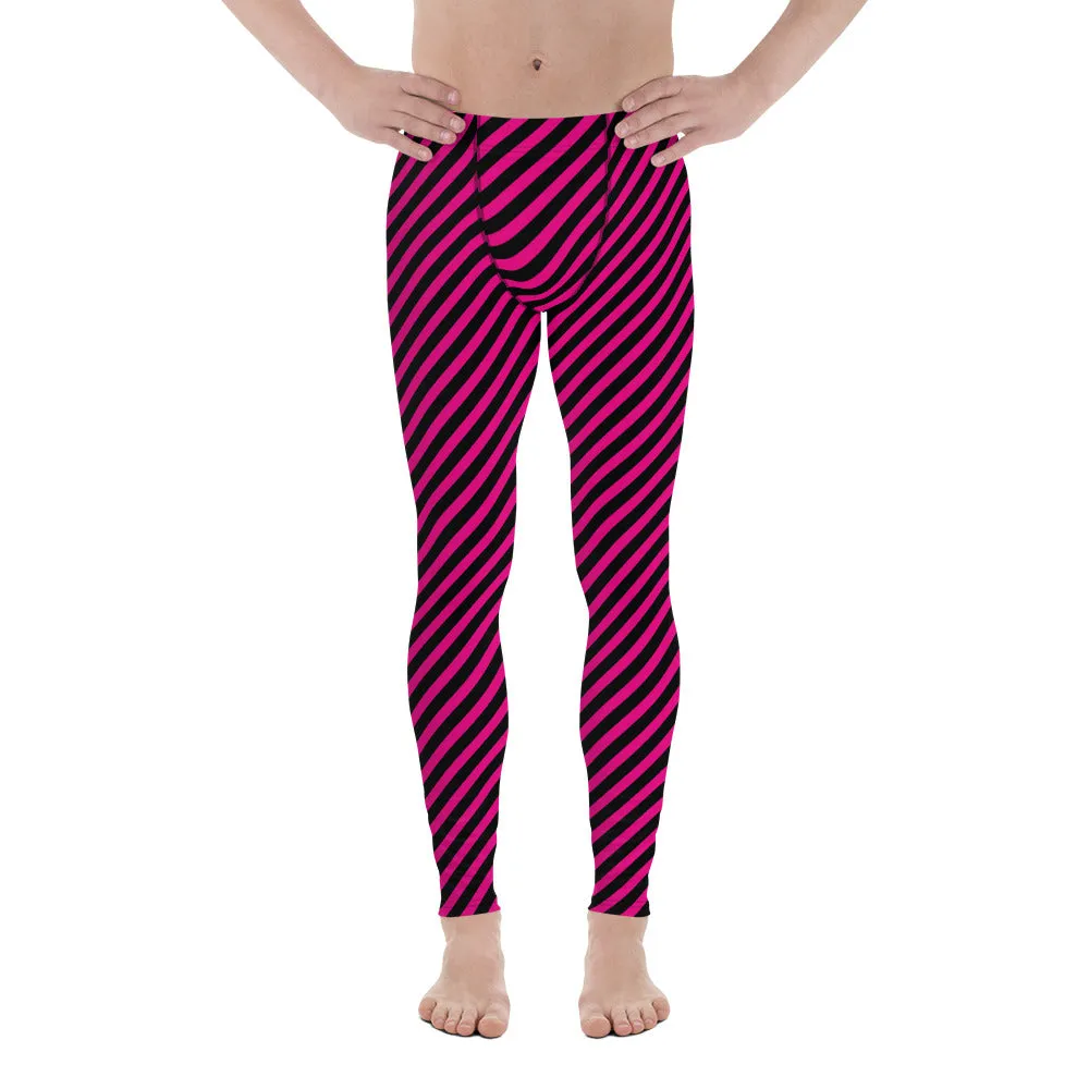 Black Pink Diagonal Striped Meggings, Colorful Best Compression Tights For Men - Made in USA/EU/MX