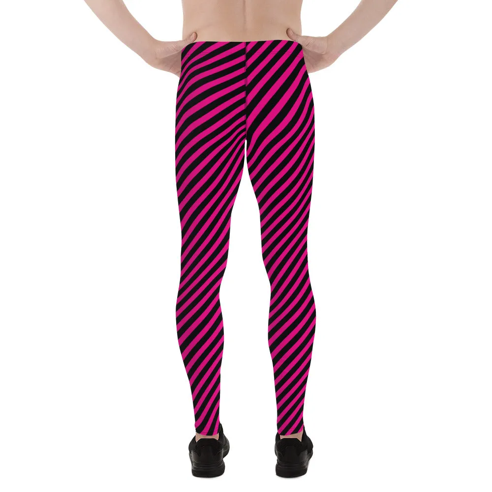 Black Pink Diagonal Striped Meggings, Colorful Best Compression Tights For Men - Made in USA/EU/MX