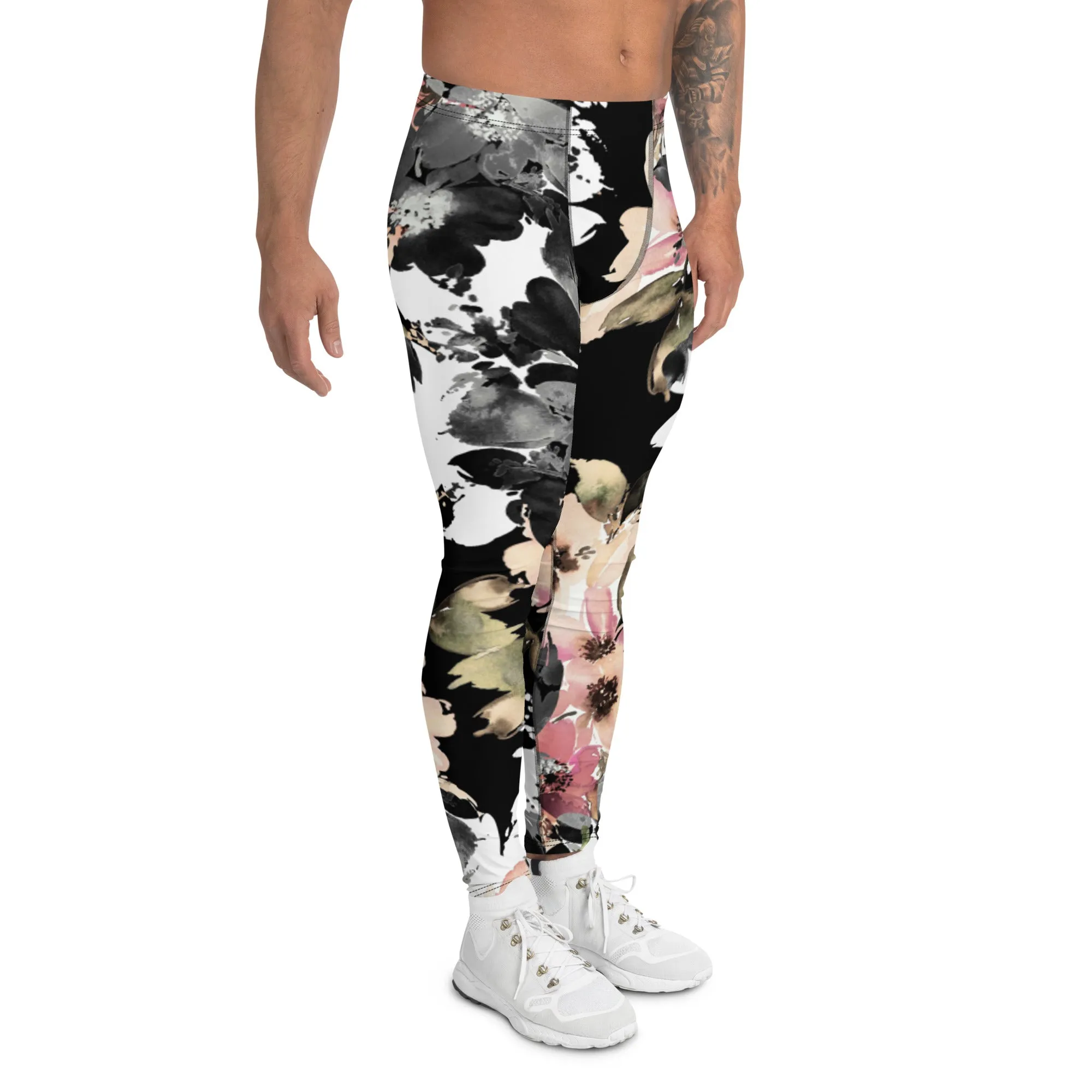 Black Pink Floral Men's Leggings, Classic Flower Print Best Designer Compression Tights For Men-Made in USA/EU/MX