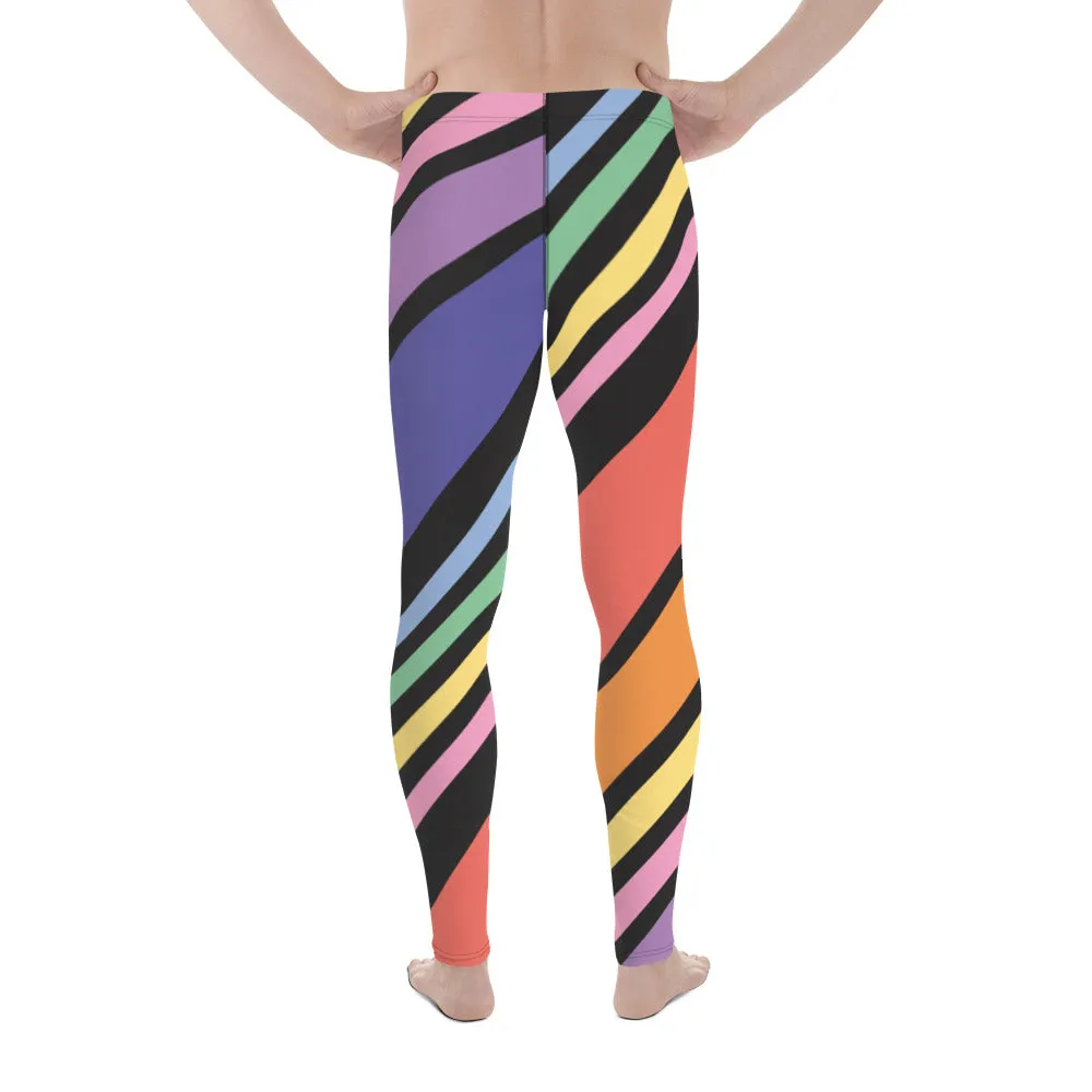 Black Rainbow Stripes Meggings, Colorful Patterned Designer Best Men's Leggings - Made in USA/EU/MX