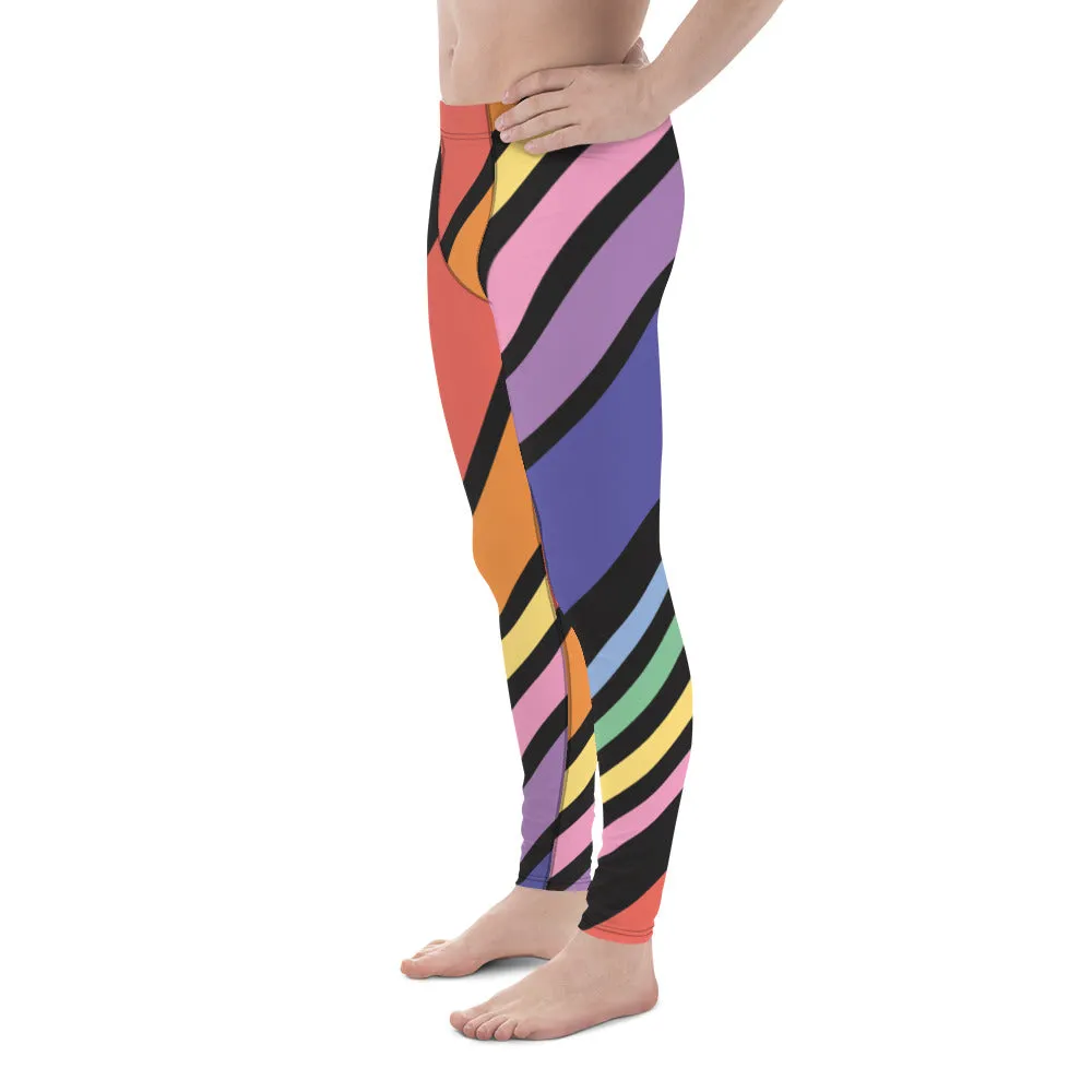 Black Rainbow Stripes Meggings, Colorful Patterned Designer Best Men's Leggings - Made in USA/EU/MX