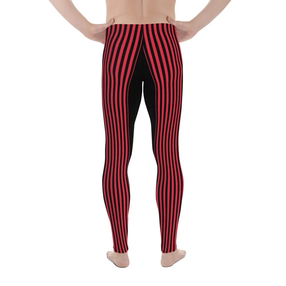 Black Red Stripe Men's Leggings, Designer Best Vertical Stripes Circus Rave Meggings-Made in USA/EU/MX