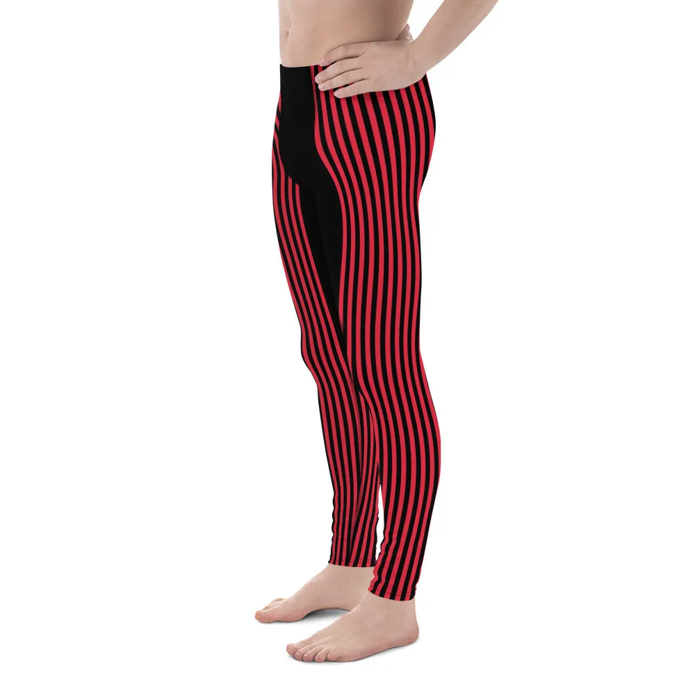 Black Red Stripe Men's Leggings, Designer Best Vertical Stripes Circus Rave Meggings-Made in USA/EU/MX