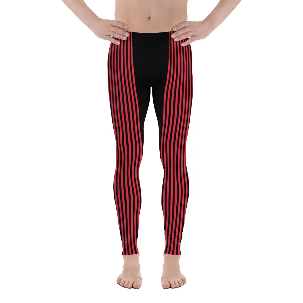 Black Red Stripe Men's Leggings, Designer Best Vertical Stripes Circus Rave Meggings-Made in USA/EU/MX