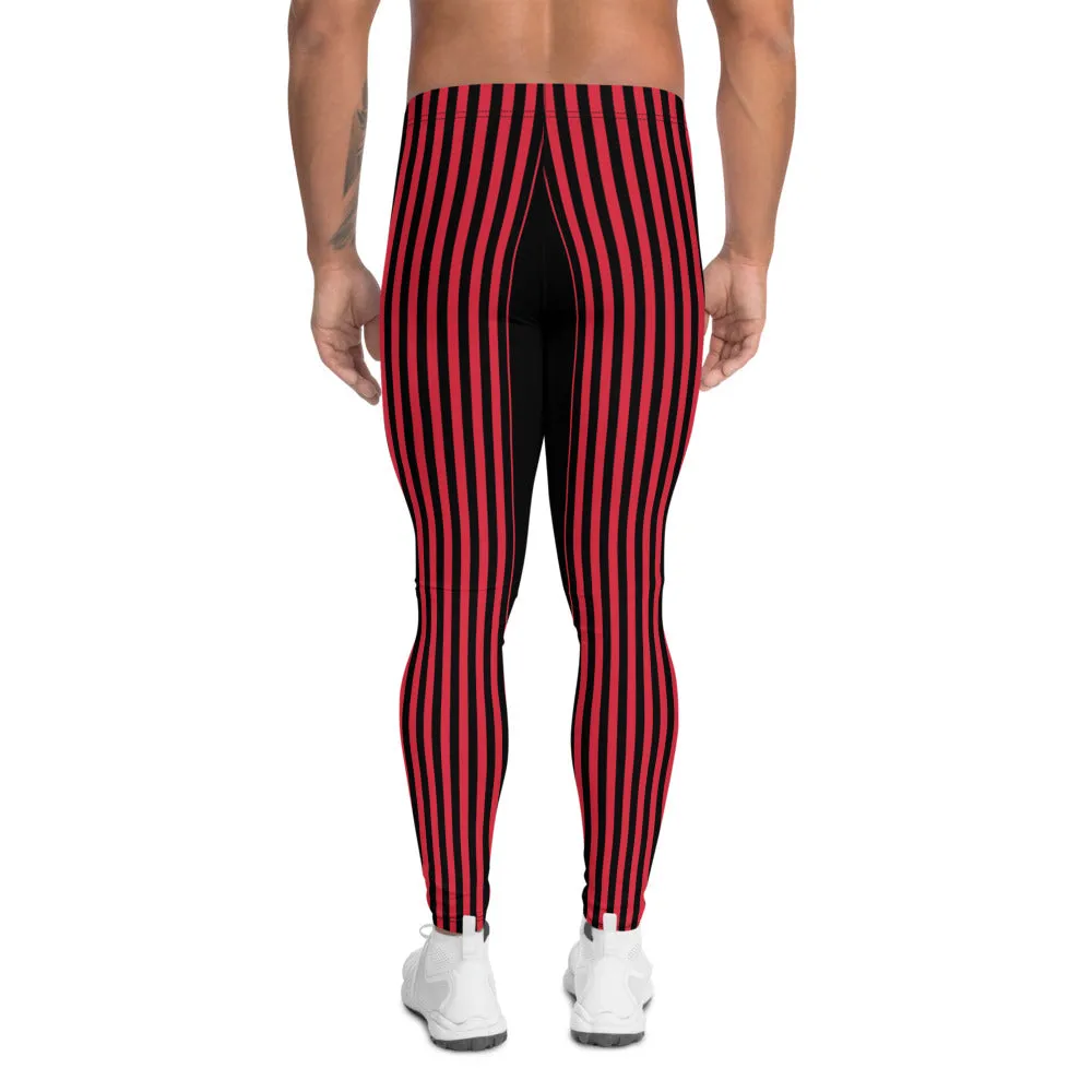 Black Red Stripe Men's Leggings, Designer Best Vertical Stripes Circus Rave Meggings-Made in USA/EU/MX