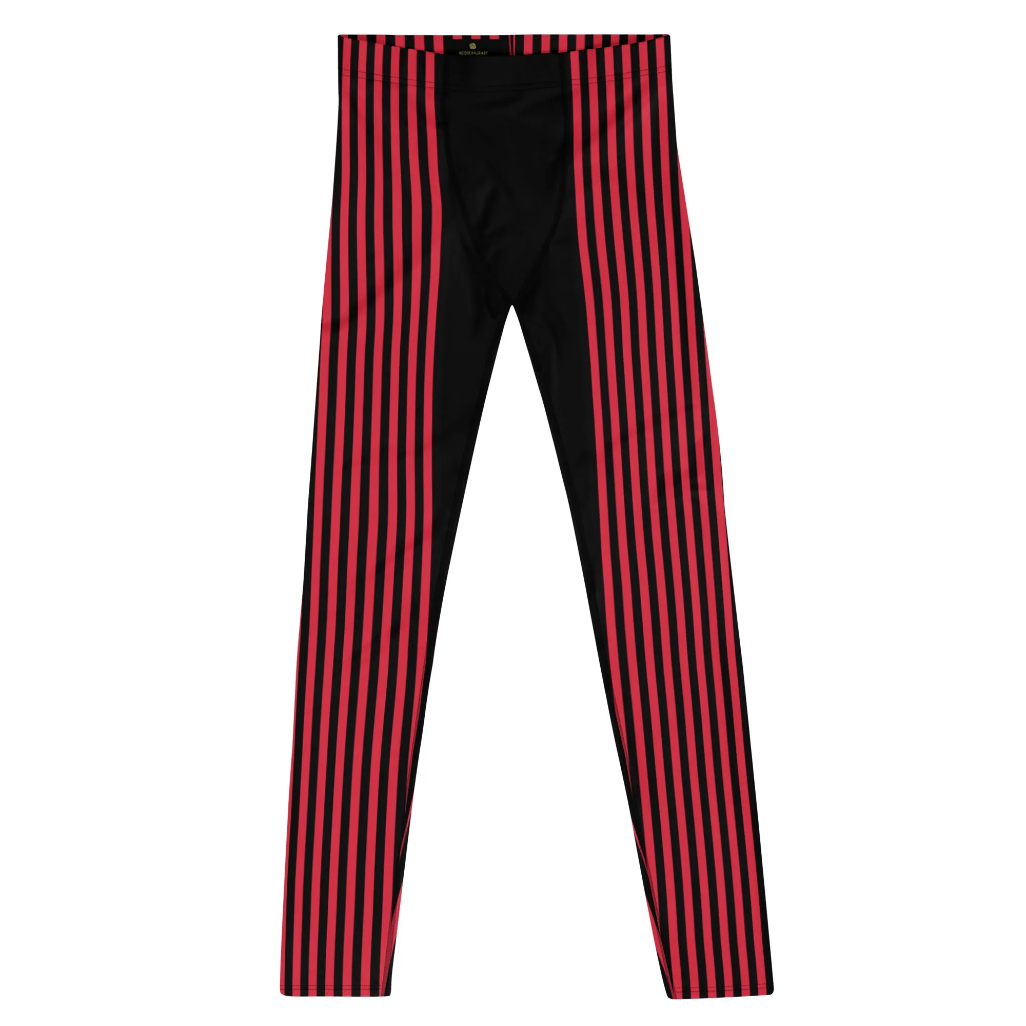 Black Red Stripe Men's Leggings, Designer Best Vertical Stripes Circus Rave Meggings-Made in USA/EU/MX