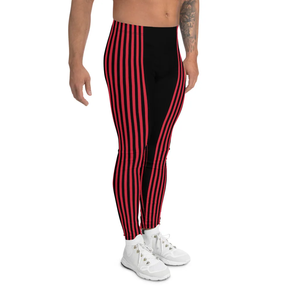 Black Red Stripe Men's Leggings, Designer Best Vertical Stripes Circus Rave Meggings-Made in USA/EU/MX