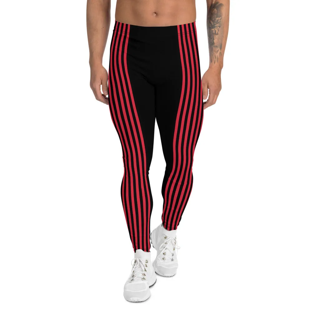 Black Red Stripe Men's Leggings, Designer Best Vertical Stripes Circus Rave Meggings-Made in USA/EU/MX