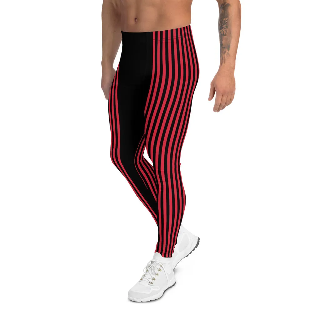 Black Red Stripe Men's Leggings, Designer Best Vertical Stripes Circus Rave Meggings-Made in USA/EU/MX