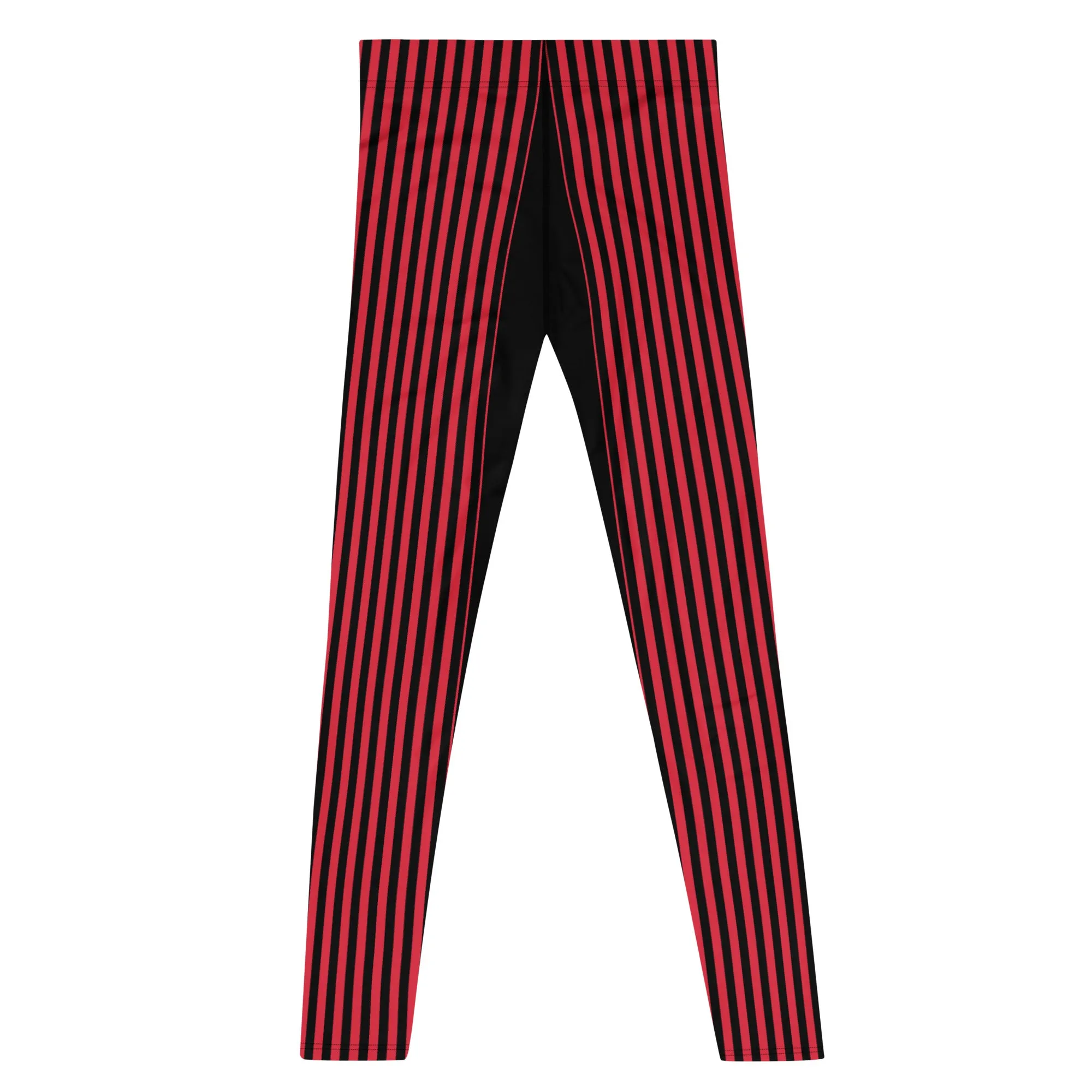 Black Red Stripe Men's Leggings, Designer Best Vertical Stripes Circus Rave Meggings-Made in USA/EU/MX