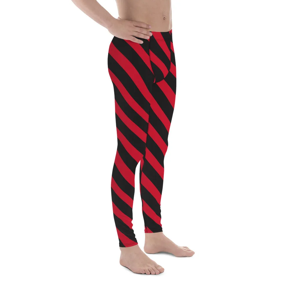 Black Red Striped Meggings, Stripes Diagonal Men's Leggings Running Compression Tights For Men - Made in USA/EU/MX