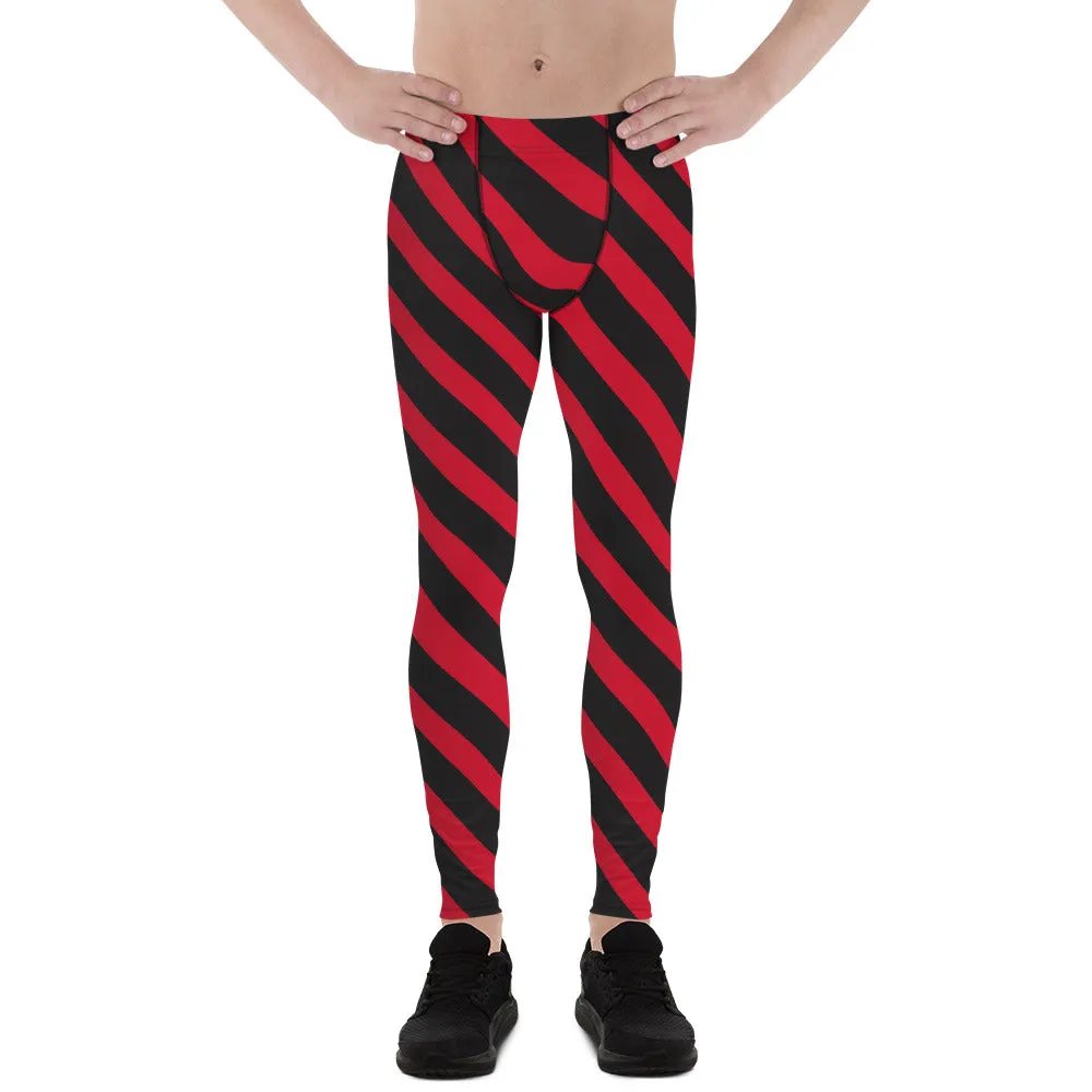 Black Red Striped Meggings, Stripes Diagonal Men's Leggings Running Compression Tights For Men - Made in USA/EU/MX