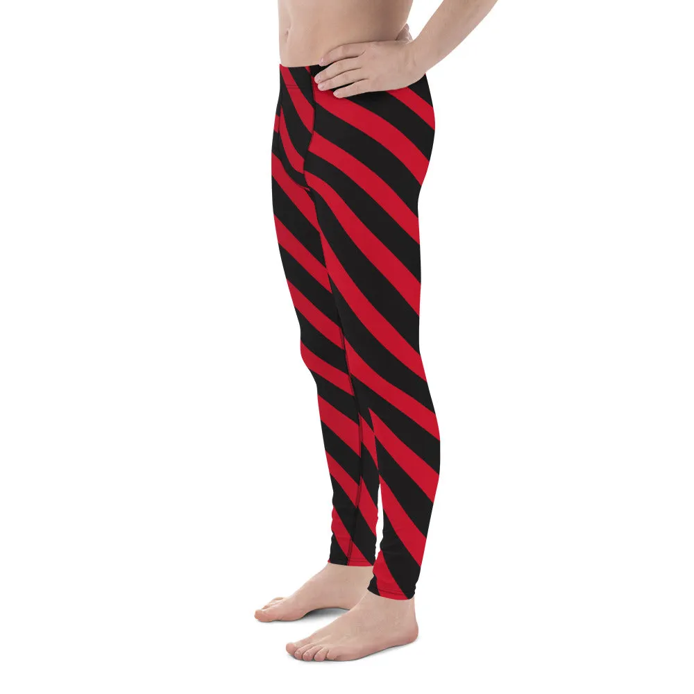 Black Red Striped Meggings, Stripes Diagonal Men's Leggings Running Compression Tights For Men - Made in USA/EU/MX