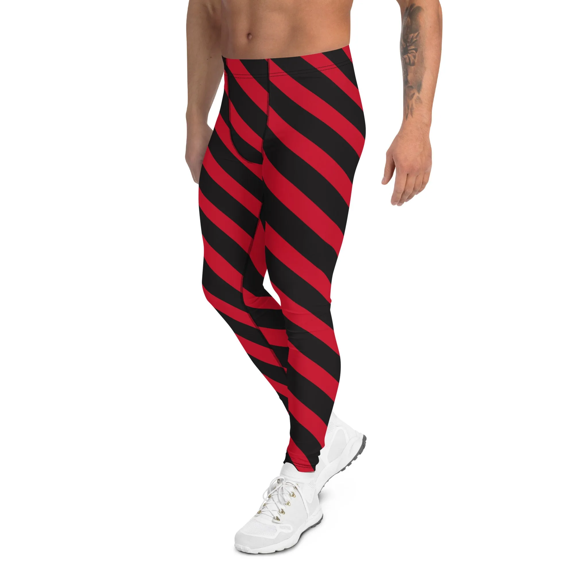 Black Red Striped Meggings, Stripes Diagonal Men's Leggings Running Compression Tights For Men - Made in USA/EU/MX